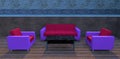 A set of furniture in unusual colors. Purple armchairs and sofa. Burgundy pillows. Black marble top. 3d render