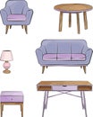 Set of furniture in vector. Vector illustration of chair, table, lamp, sofa and night table. Interior design. Flat furniture.