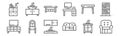 Set of 12 furnitures icons. outline thin line icons such as armchair, sofa, chair, dinning table, table, sink