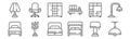 Set of 12 furnitures icons. outline thin line icons such as ceiling light, canopy bed, coat stand, closet, wardrobe, desk chair