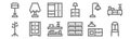 Set of 12 furnitures icons. outline thin line icons such as chair, shelves, chest of drawers, floor lamp, wardrobe, lamp