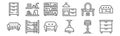 Set of 12 furnitures icons. outline thin line icons such as chest of drawers, ceiling light, bunk bed, dresser, shelves, shelves