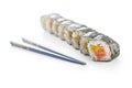 Set of futomaki sushi and chopsticks isolated on white background