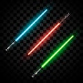 Set of futuristic light swords. Abstract fantasy saber. Vector illustration isolated on dark background
