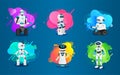 Set of futuristic robots, white cyborg in different equipment, science machine in various form Royalty Free Stock Photo