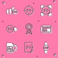 Set 5G network, Antenna, Nano Sim Card, card setting and Graphic tablet with icon. Vector Royalty Free Stock Photo