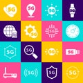 Set 5G network, modem, Digital speed meter, Setting, Globe Sim Card, Phone with and Processor icon. Vector Royalty Free Stock Photo