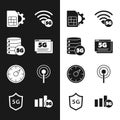 Set 5G network, Server, Sim card setting, Digital speed meter, Antenna, and Protective shield icon. Vector Royalty Free Stock Photo