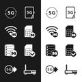 Set 5G Sim Card, network, Graphic tablet with, Server, card, Router and wi-fi signal and icon. Vector Royalty Free Stock Photo