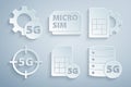 Set 5G Sim Card, card setting, network, Server, Micro and Setting icon. Vector