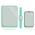 set of gadgets, tablet, phone, watch in green Royalty Free Stock Photo