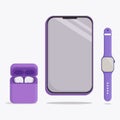 set of gadgets, tablet, wireless headphones, watch in purple