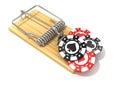 Set of gambling casino chips, like bait, in wooden mousetrap Royalty Free Stock Photo