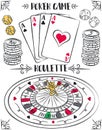 Set of gambling symbols, roulette, ace, dice, chips, vector