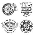 Set of gambling vintage print, logo, badge design with wheel of fortune, two dice, skeleton hand holding dollar, poker Royalty Free Stock Photo