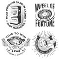 Set of gambling vintage print, logo, badge design with wheel of fortune, two dice, skeleton hand holding dollar, poker Royalty Free Stock Photo