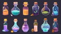 A set of game cartoon moderns with glass bottles filled with magic elixirs or potion. Flasks with fantasy medicine or