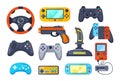 Set game console. Gamepad, playing joystick, video console, joy video games gadgets, wireless gamepad steering wheel. Retro modern