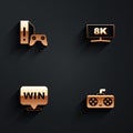 Set Game console with joystick, Computer monitor, Medal and controller icon with long shadow. Vector