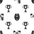 Set Game console with joystick, Computer mouse gaming and Award cup on seamless pattern. Vector