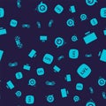 Set Game controller or joystick, Computer monitor, Power button and Level game on seamless pattern. Vector Royalty Free Stock Photo