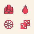 Set Game dice, Gold bars, Bomb ready to explode and Old wooden wheel icon. Vector