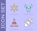 Set Game dice, Hexagram sheriff, Indian teepee or wigwam and Buffalo skull icon. Vector