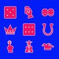Set Game dice, Poker player, Joker playing card, Horseshoe, Hand holding casino chips, King, and icon. Vector
