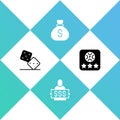 Set Game dice, Winner holding prize ticket, Money bag and Online poker table game icon. Vector