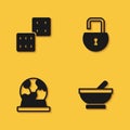 Set Game dice, Witch cauldron, Magic ball and Open padlock icon with long shadow. Vector Royalty Free Stock Photo