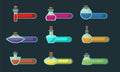 Set game icons of bottles with poison or elixir and status indicator. GUI bar element for game design and collection of magical Royalty Free Stock Photo