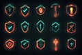 A set of game icons for different types of shields, each shield is glowing with neon light and has an exclamation mark