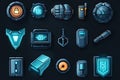 A set of game icons, sci-fi style icon materials for mobile games, with dark blue and light cyan as the main color