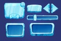 Set game menu assets ice buttons, interface elements 2d in cartoon style isolated. Blocks, shapes frozen gui panels Royalty Free Stock Photo