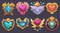 A set of game rank badges with hearts isolated on a dark background. Modern cartoon illustration of golden pentagonal Royalty Free Stock Photo