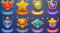 A set of game rank badges isolated on a white background. A modern cartoon illustration of insignia emblems of different