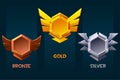 Set of game rank icons- bronze, silver and gold