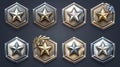 This is a set of game rank icons isolated on dark blue background. Set of hexagonal silver, platinum, or steel medals