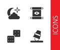 Set Game thimbles, Moon and stars, dice and Magic scroll icon. Vector