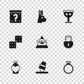 Set Game thimbles, Open padlock, Magic stone ring, All-seeing eye of God, Medieval goblet, Mystery box, Rabbit with ears