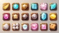 A set of game UI icons, square buttons, cartoon menu interfaces, and a panel with pink gemstones isolated in 2D modern