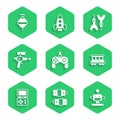 Set Gamepad, Battery, Robot toy, Passenger train cars, Tetris electronic game, Ray gun, Dart arrow and Whirligig icon