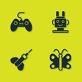 Set Gamepad, Butterfly, Dart arrow and Robot toy icon. Vector Royalty Free Stock Photo