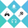 Set Gamepad, Headphones, Racket and Rattle baby toy icon. Vector