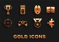 Set Gamepad, Laptop, Piece of puzzle, Medal, Target sport, Computer mouse gaming, Award cup and icon. Vector