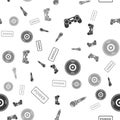 Set Gamepad, Microphone, Vinyl disk and Power button on seamless pattern. Vector