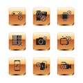 Set Gamepad service, Smartphone, Power bank, Photo camera, Database server, Processor, Video and icon. Vector