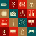 Set Gamepad, Solar energy panel, Test tube and flask, Binary code, Mirrorless camera, Processor with microcircuits CPU Royalty Free Stock Photo
