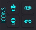 Set Gamepad, Virtual reality glasses, and icon. Black square button. Vector Royalty Free Stock Photo