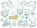 Set of gaming, playing icon doodles. Hand drawn sketched. Vector Illustration.